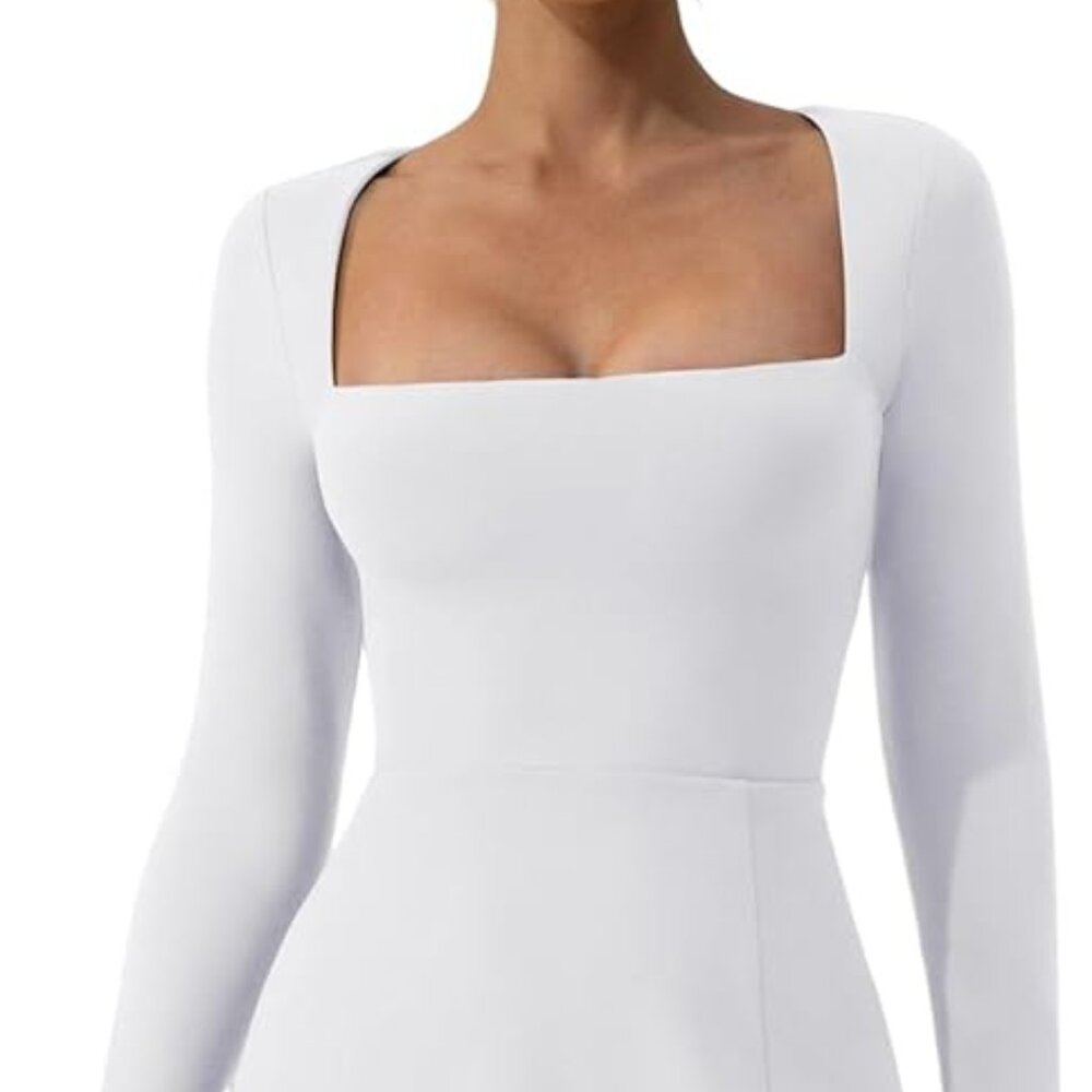 QINSEN Womens Square Neck Bodice Dress Long Sleeve Side Slit